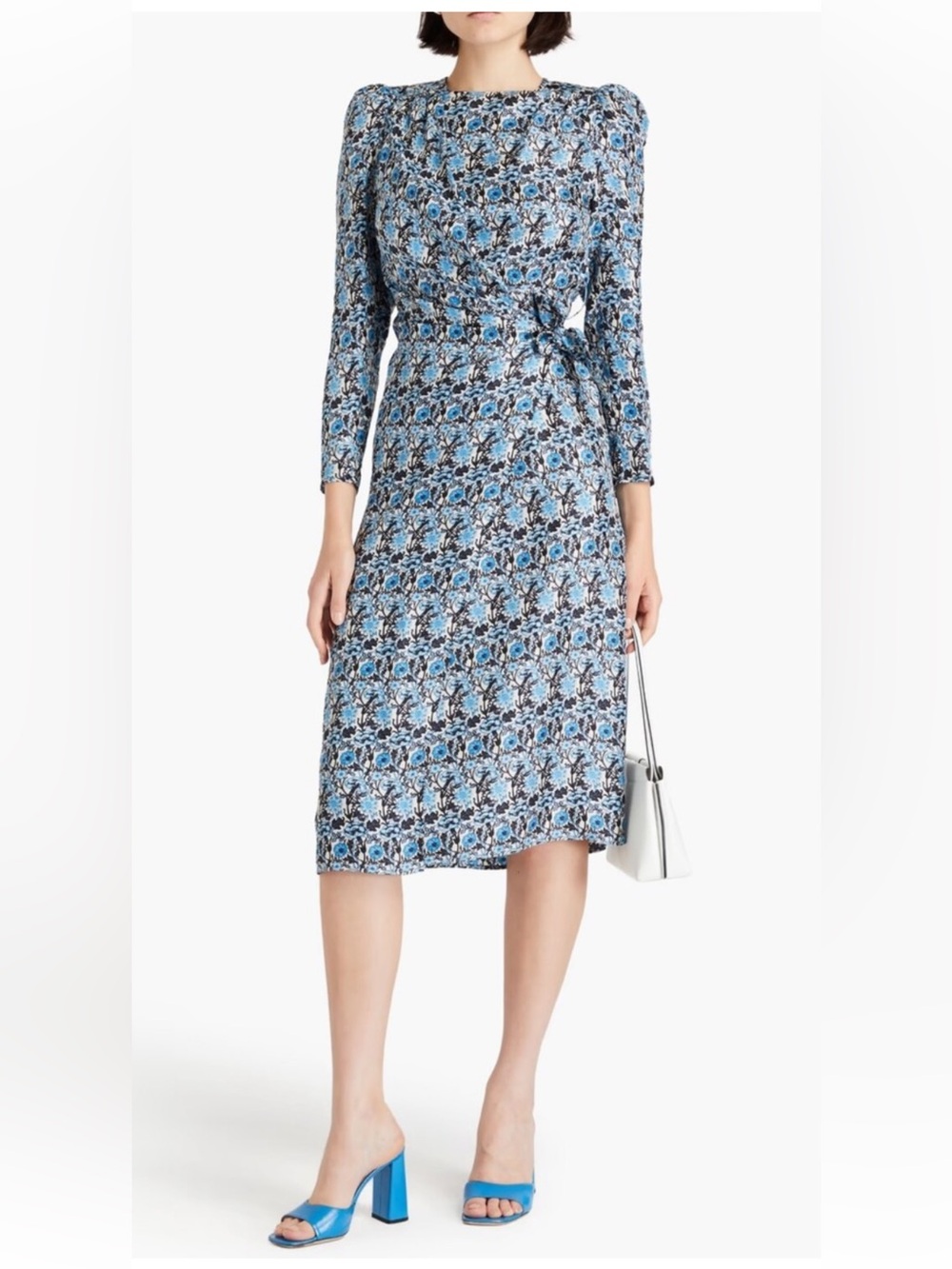 SANDRO BLUE BLOSSOM SILK TWILL MIDI WRAP DRESS SIZE 4